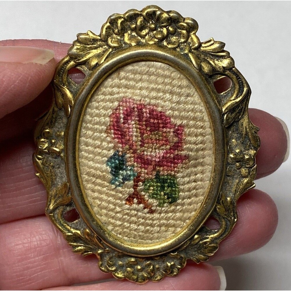 Vintage Petite Point Needlepoint Brooch Pin Floral Gold Tone Frame Ornament